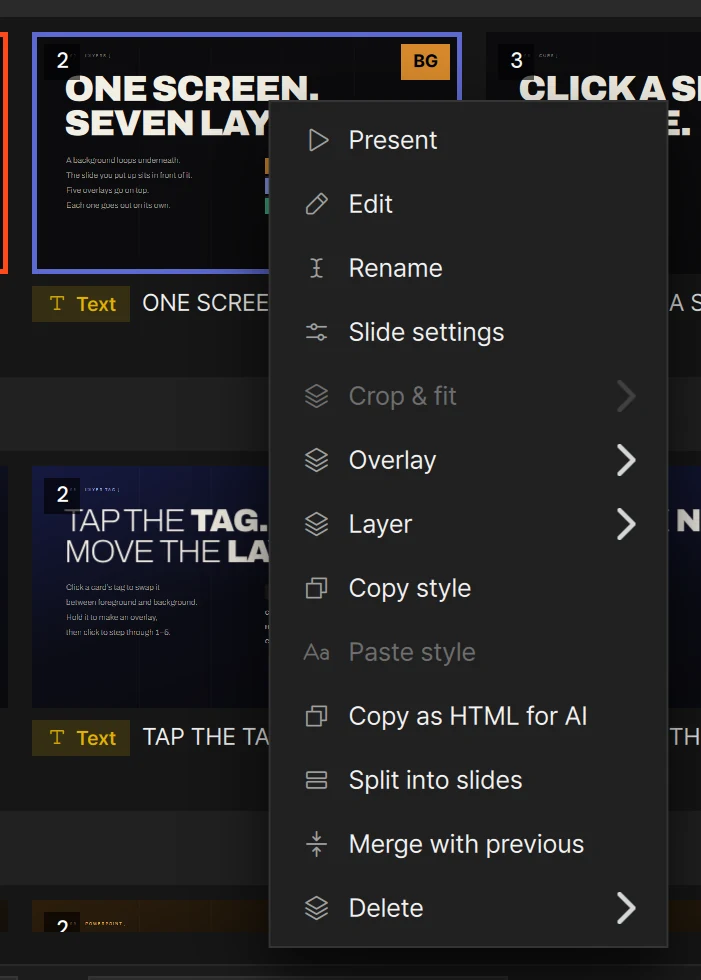 Right-click menu of a text slide card, from Present to Delete