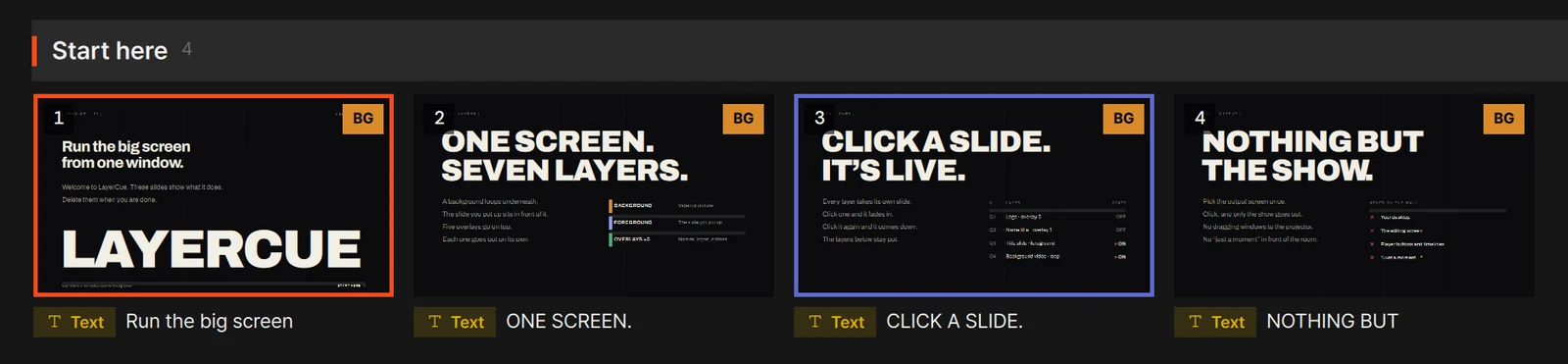 Slide cards: one on air with an orange border, another selected with an indigo border