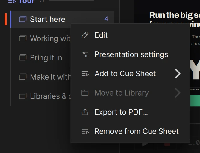 Right-click menu of a presentation inside a cue sheet, with Remove from Cue Sheet at the bottom