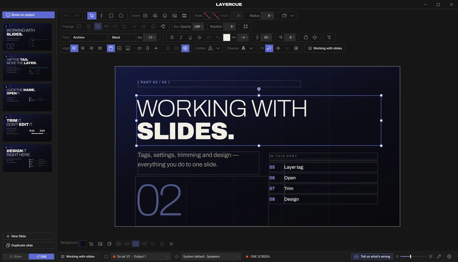 The slide editor with a text box selected: slides on the left, the ribbon across the top