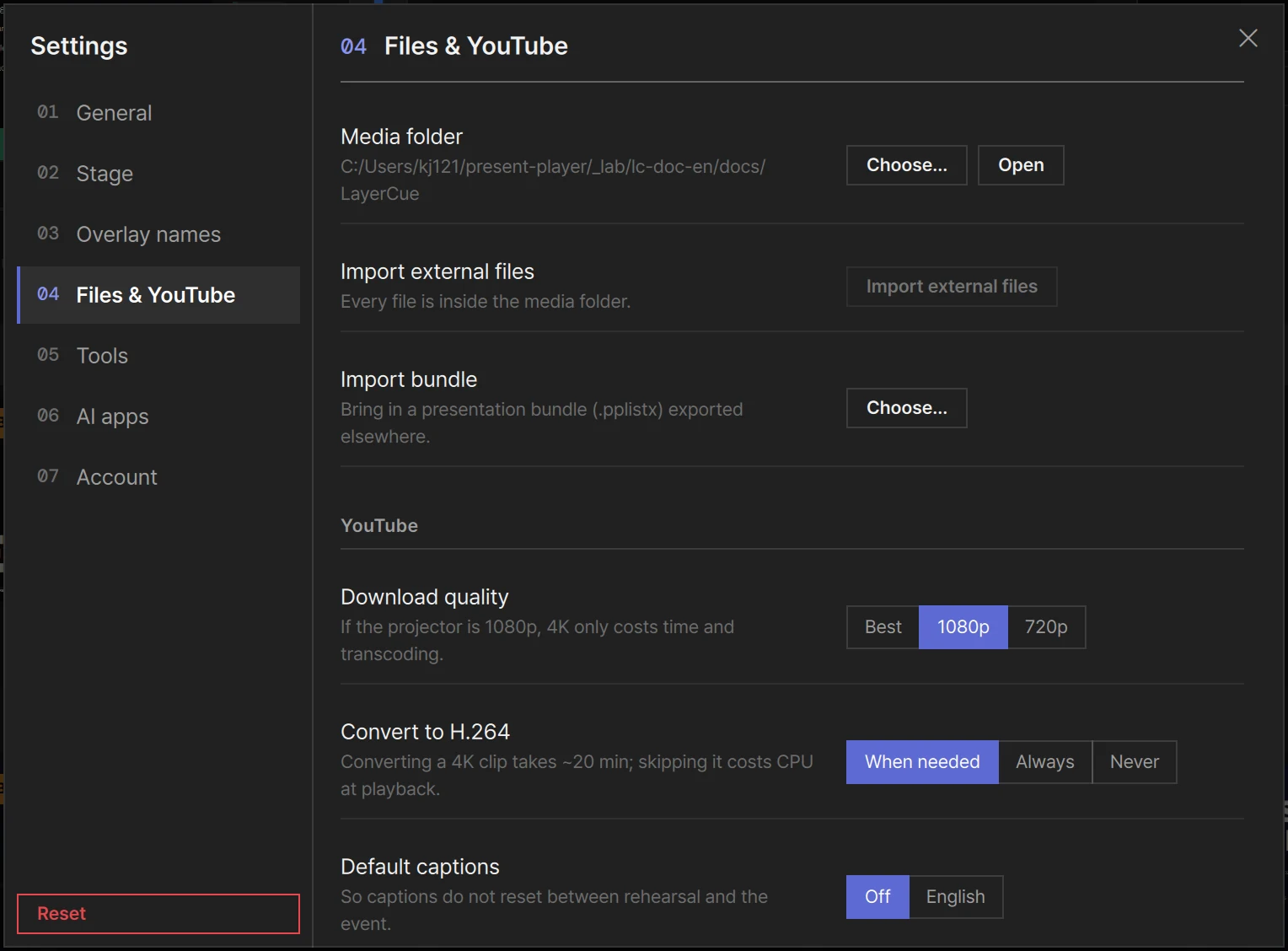 Settings on 04 Files & YouTube: the media folder, Import external files and Import bundle