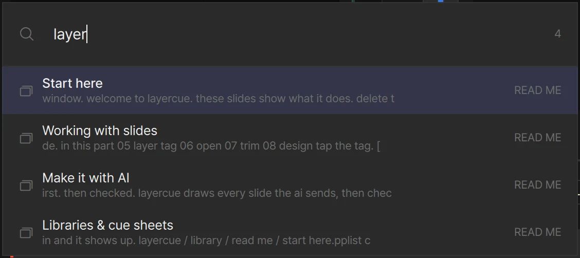 Find (Ctrl+F) with results: presentation names and the matching slide text