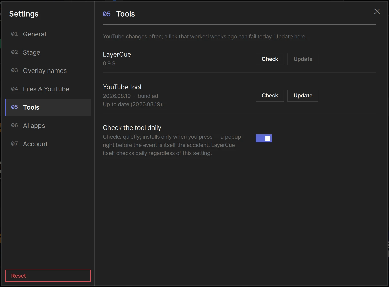 Settings on 05 Tools: LayerCue and the YouTube tool, each with Check and Update