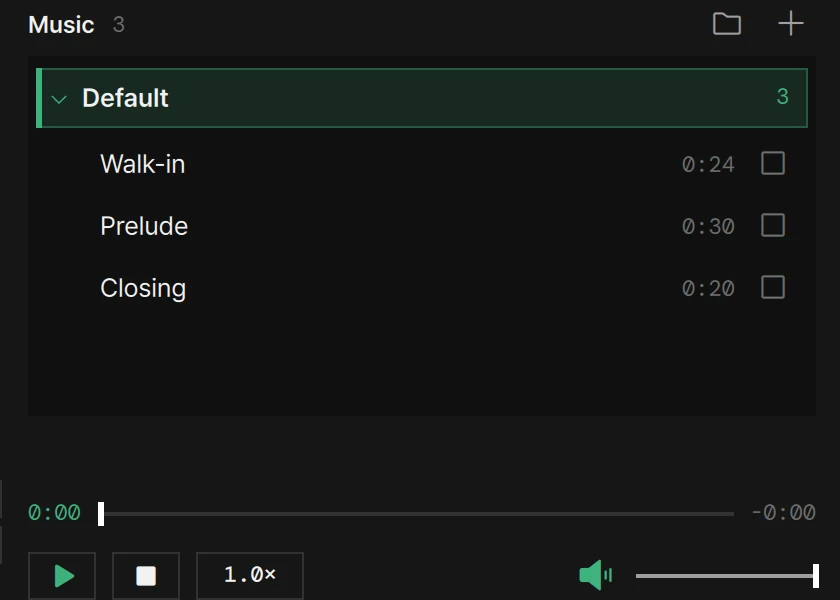 The Music column with three tracks in the Default folder