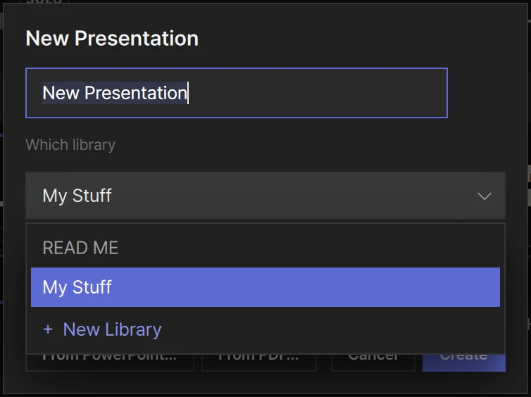 The New Presentation window with the Which library list open