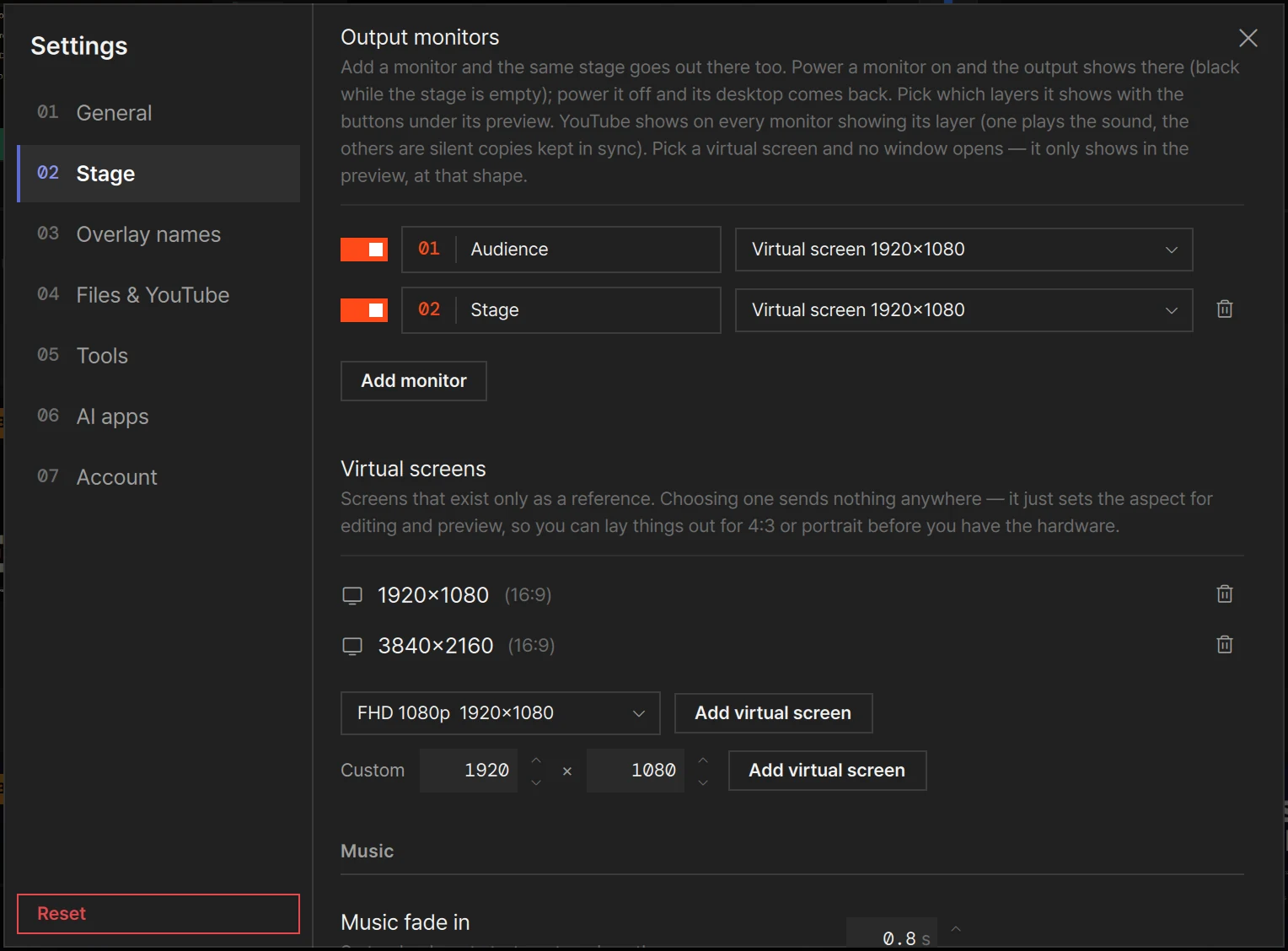 Settings › Stage › Output monitors with two monitors