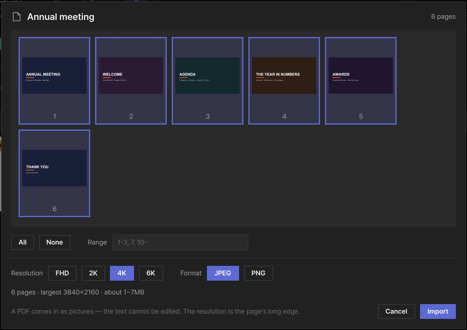 The PDF import window: pick pages, resolution (FHD to 6K) and format (JPEG or PNG)