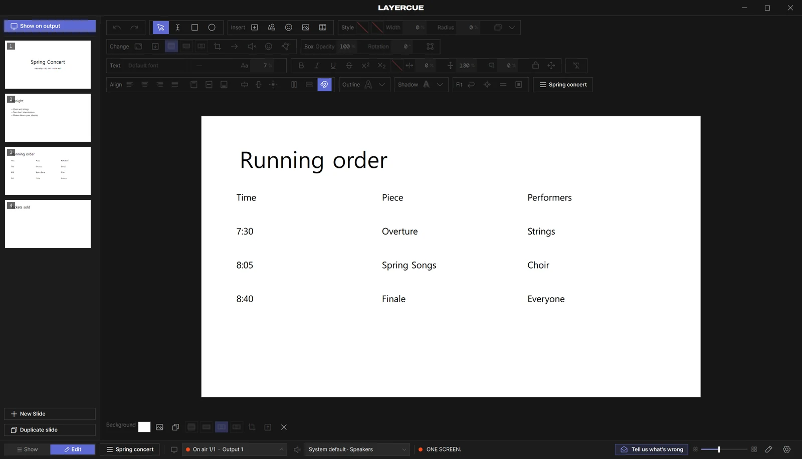 An imported table slide in the slide editor: each cell is a text box you can edit