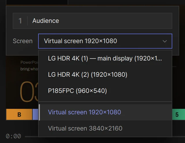 The Screen list open in Output 1’s panel: the screens that are plugged in, a thin line, then the virtual screens