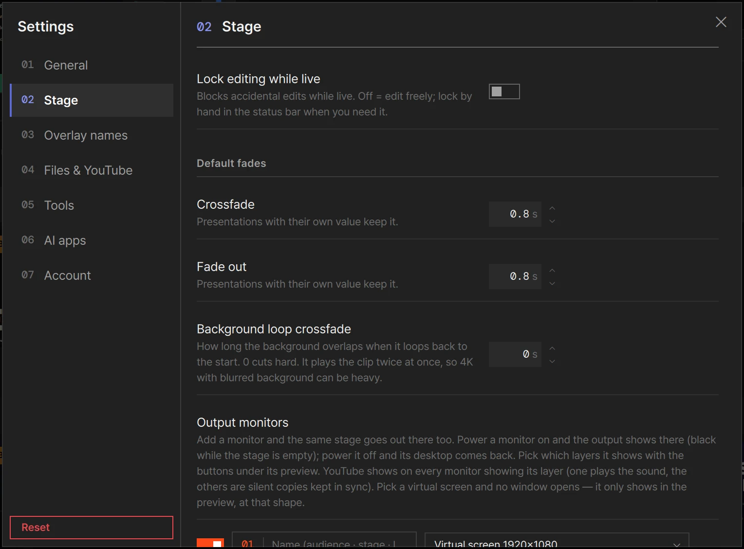 Settings › Stage: Lock editing while live and the default fades