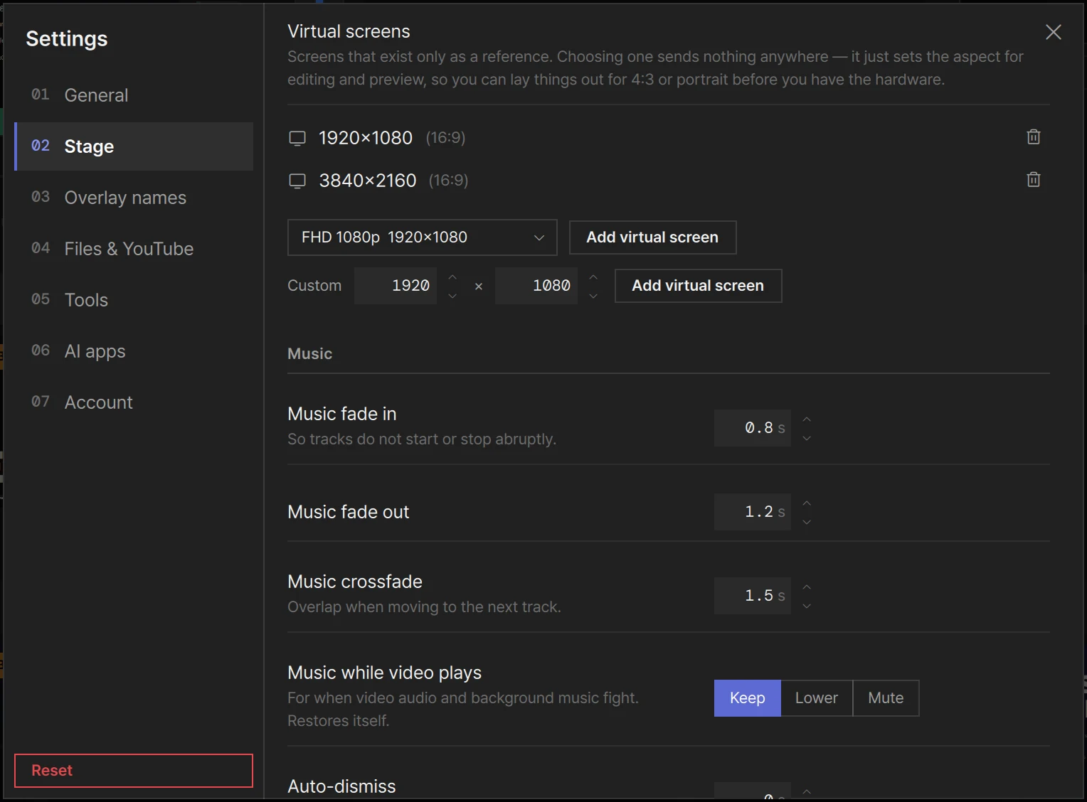 Settings › Stage scrolled to Virtual screens
