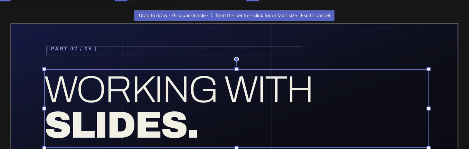 The slide editor with the Rectangle tool picked: the hint line above the slide