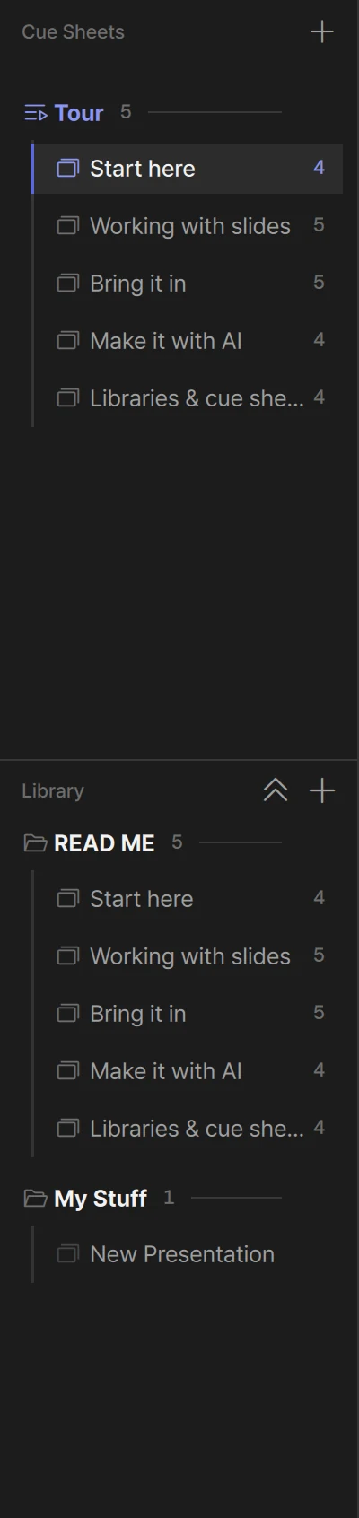 The sidebar: Cue Sheets at the top with Tour, the Library drawer below with READ ME and My Stuff