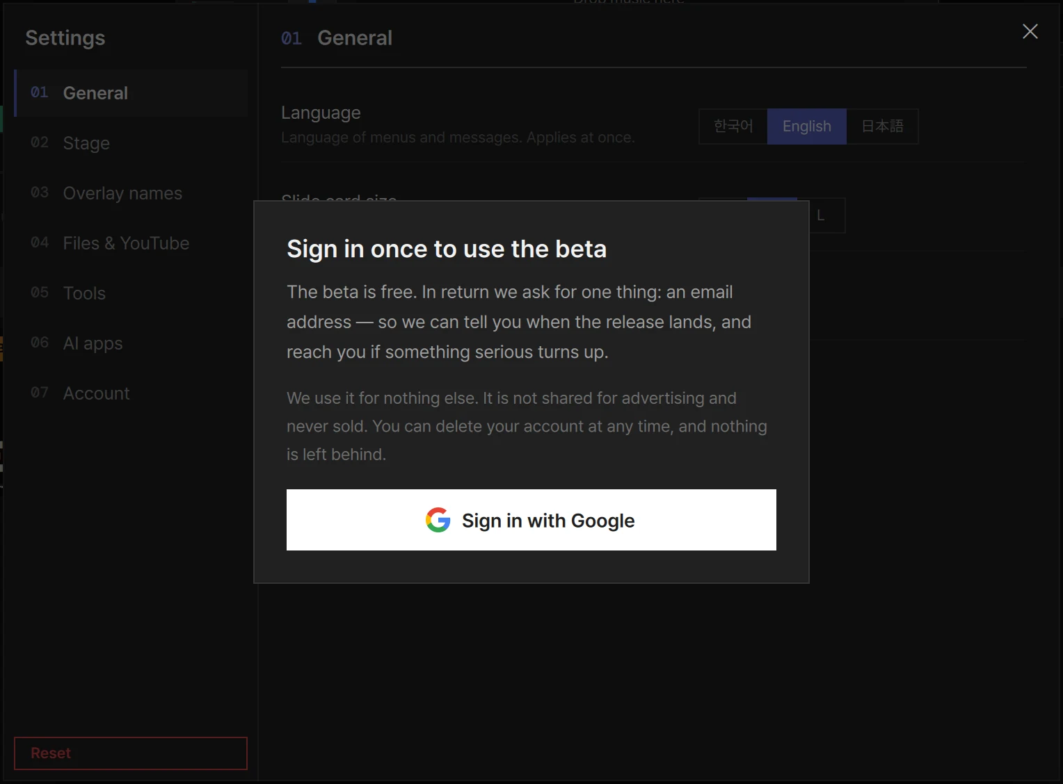 Settings covered by the sign-in panel: Sign in once to use the beta