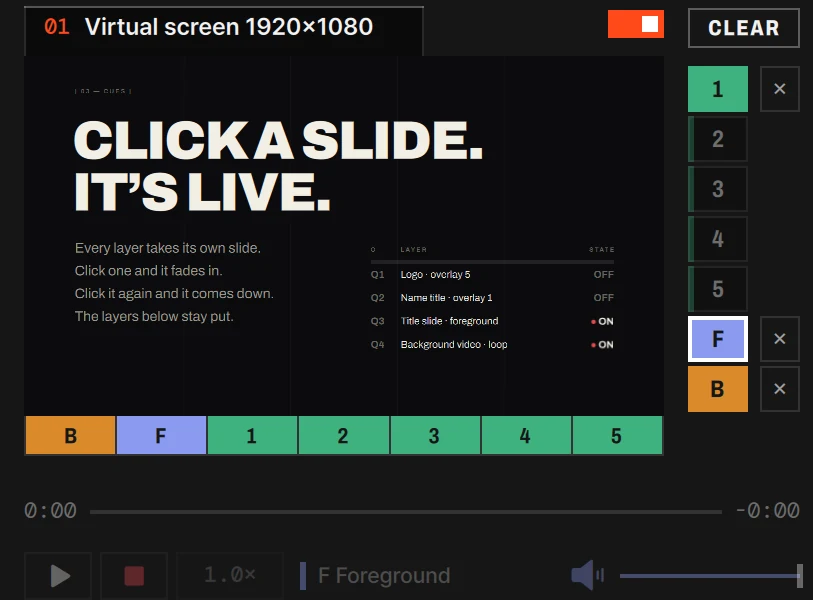 The stage tile: the Output 1 header, the preview, the Layers shown strip, the layer column with CLEAR, and the play and stop buttons
