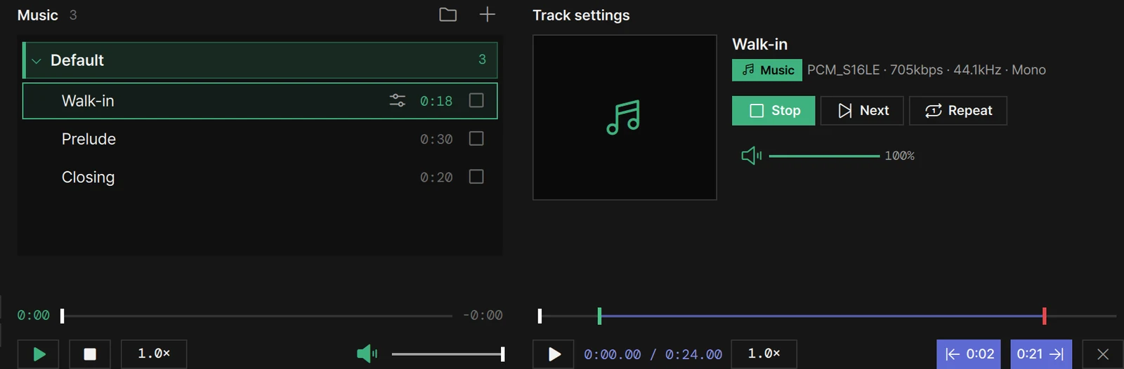 Track settings for one track: Stop, Next, Repeat and the track’s own volume